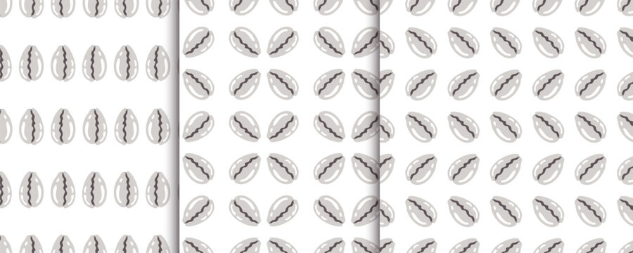 Shellfish seamless pattern Set. Collection of repeat ornaments with sea elements. Various Shells on white background. Snall seashell. Vector flat illustration
