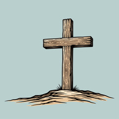 Solitary wooden cross on grassy mound symbolizing faith and spirituality
