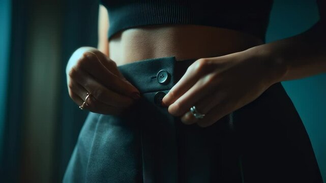 Close up capturing female hands meticulously buttoning high waisted pants, revealing precise clothing preparation and elegant personal styling process