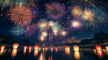 花火と灯籠流しが織りなす幻想的な夏の夜