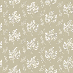 Elegant seamless pattern with detailed silver leaf outlines on a beige background. A sophisticated and delicate line art design for stationery and luxury textiles.
