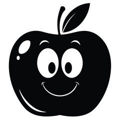 Obraz premium Happy cartoon black apple displays friendly smile and playful eyes in monochrome style