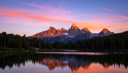 A serene mountain range at sunset reflects perfectly in a calm lake, framed by dense pine forests under a colorful sky.