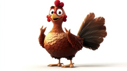 Cheerful cartoon hen, brown plumage, big eyes, happy expression, isolated on white.