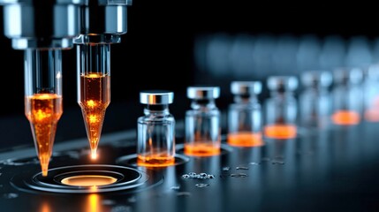 Close-up of a high-tech microscope with orange liquid-filled vials, highlighting precision and scientific research in a laboratory setting.