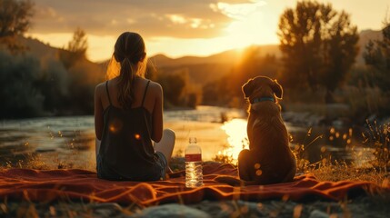 Relaxed woman and dog enjoying summer sunset on a hill. and drinks water from a reusable bottle.