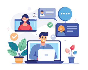 Online video conference call with diverse team members working remotely from home office with laptop computer and chat bubbles