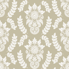 Classic floral damask seamless pattern in silver on a beige background. An ornate and symmetrical design for luxury wallpaper, upholstery, and formal invitations.