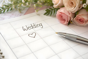 Plan your dream wedding with this elegant calendar featuring delicate roses and a pen ready to jot down important details.