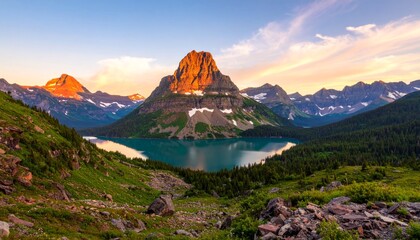 A stunning mountain landscape at sunset with a lake reflecting a towering peak surrounded by lush greenery and distant snowy mountains under a colorful sky.
