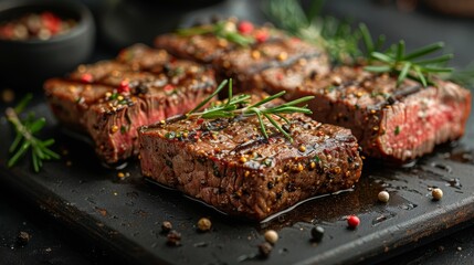 Juicy, perfectly grilled beef steaks adorned with a variety of spices and fresh herbs, showcasing culinary excellence and appetizing presentation on a black slate background.