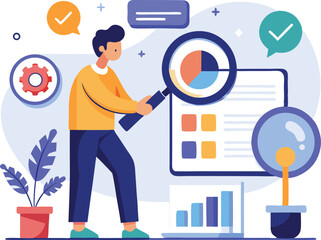Business analyst examining data charts and graphs with magnifying glass for market research and financial analysis