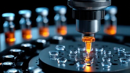 Close-up of a high-tech microscope with orange liquid-filled vials, highlighting precision and scientific research in a laboratory setting.