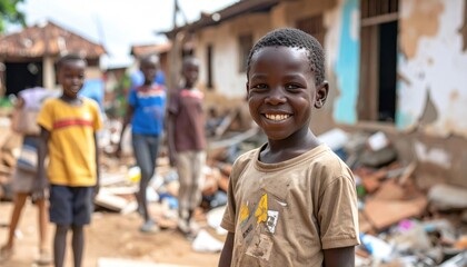 Fototapeta premium Smiling African boy in foreground, friends behind, amidst worn buildings and debris outdoors