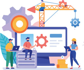 Team collaboration and software development concept with diverse workers around computer screen and construction crane