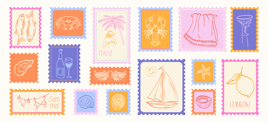 Trendy summer mediterranean placard and postage stamps. Vacation in Italy. Amalfi. Hand drawn print with image of lobster, crab, boat, lemons, sardine, seashell, cocktail, shrimp. Vector illustration.