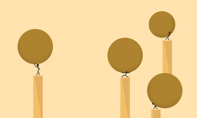 Minimalist Illustration of a Group of People Lifting a Spheres with Difficulty, on a Pillars, with Another Person Lifting it Easily. Symbolizes an Experience That Creates Ease and Strength
