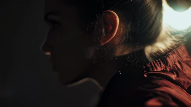 Dramatic lighting illuminates a woman's face as she poses in a studio, showcasing different angles and expressions in a six panel composition