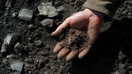 Close Up Of A Hand Holding Dark Brown Soil And Small Rocks