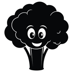 Smiling black broccoli vegetable features cartoon eyes and a happy expression in this cool art