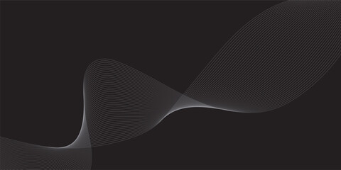 Abstract grey white flowing lines on a dark black background, digital wave effect.