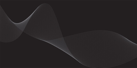 Abstract grey white flowing lines on a dark black background, digital wave effect.
