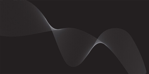 Abstract grey white flowing lines on a dark black background, digital wave effect.
