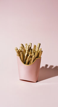 Gold French Fries in Pink Carton on Pink Background