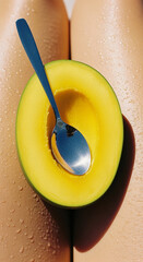 Halved Mango with Spoon on Sun-Kissed Skin
