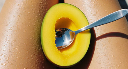 Half-eaten mango on sun-kissed skin with spoon