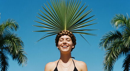 Woman with Palm Leaf Crown, Braided Hair, Vibrant Summer Look