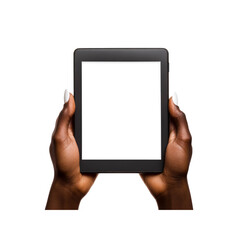 Black Hands Holding E-reader with Blank White Screen