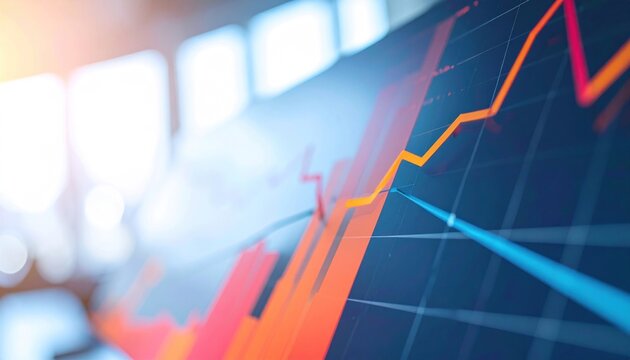 Glowing graph on screen with red/orange bars & upward trend line; blurred window