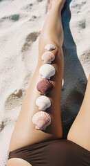 Seashells arranged on a woman's leg on the beach.