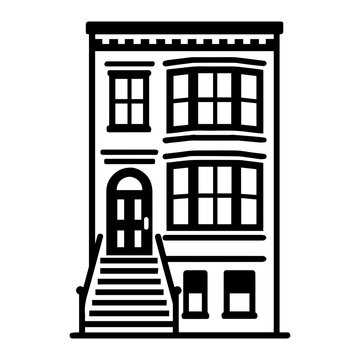 Brownstone house icon representing classic urban residential architecture with stoop and windows on transparent background
