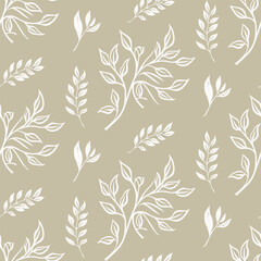 Delicate seamless pattern with various hand-drawn silver leaf branches on a beige background. A light and airy botanical design for elegant stationery and textiles.