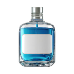Clear glass bottle filled with vibrant blue liquid, showcasing a blank label for branding or design purposes Transparent background or png