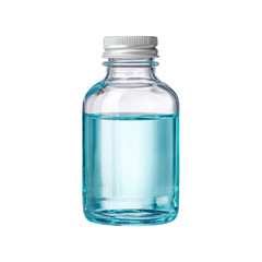 Clear glass bottle with blue liquid, isolated on a white background, ideal for medical or cosmetic imagery use Transparent background or png