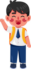 Joyful Schoolboy Waving, Yellow Backpack, Blue Uniform