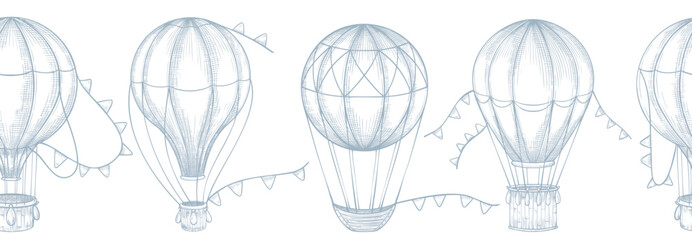 Vector illustration of border with flying hot air Balloons and bunting in vintage sketch style. Linear drawing with airships for baby shower invitations or children stationery designs. Blue etching.
