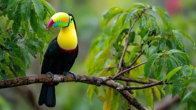 Colorful Bird Perched on a Branch in a Lush Rainforest