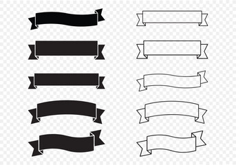 Simple vector illustration of ribbon banners in outline and filled styles with curved shapes.