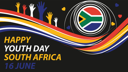 Happy Youth Day South Africa vector banner design with retro geometric shapes, hands icons, South African flag and colors, typography with tittle and date. Youth Day  South Africa modern poster.