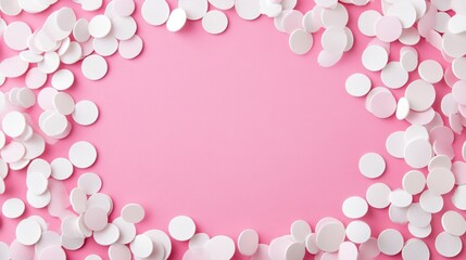 Abstract pink background adorned with scattered white paper circles border
