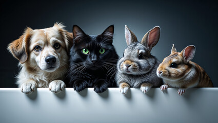 Dog, cat and rabbits peeking over white surface on dark background