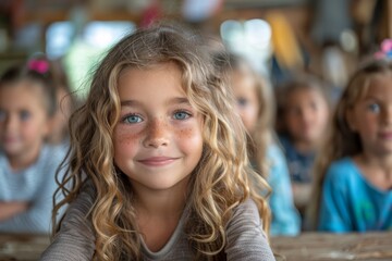 Fototapeta premium A young girl with curly hair smiles brightly at the camera while sitting in a classroom, capturing the innocence and joy of childhood amidst classmates in a warm atmosphere.