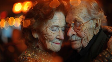An intimate moment captures an elderly couple as they embrace in warm, soft light, symbolizing enduring love and deep connection as they share a tender and nostalgic memory together.