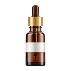 Elegant amber glass dropper bottle with gold accents and blank label for essential oils or serums on a clean background Transparent background or png