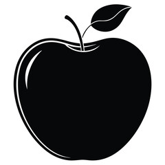 A stark black apple silhouette shows a single leaf and thin stem outline