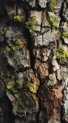 Macro of tree bark with rich natural patterns, moss details, cracks and depth, earthy tones